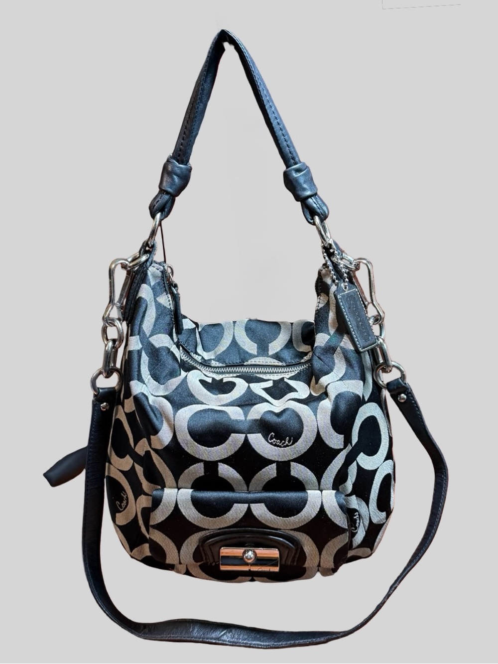 ✨ Vintage Coach Kristin Op Art Sateen Hobo Bag – Black & Silver